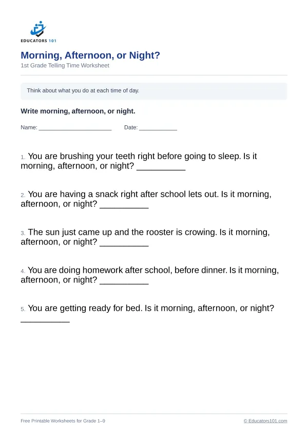 Morning, Afternoon, or Night? worksheet 10 — 1st Grade