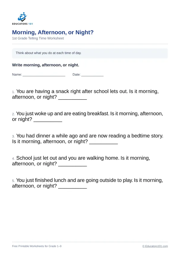 Morning, Afternoon, or Night? worksheet 11 — 1st Grade