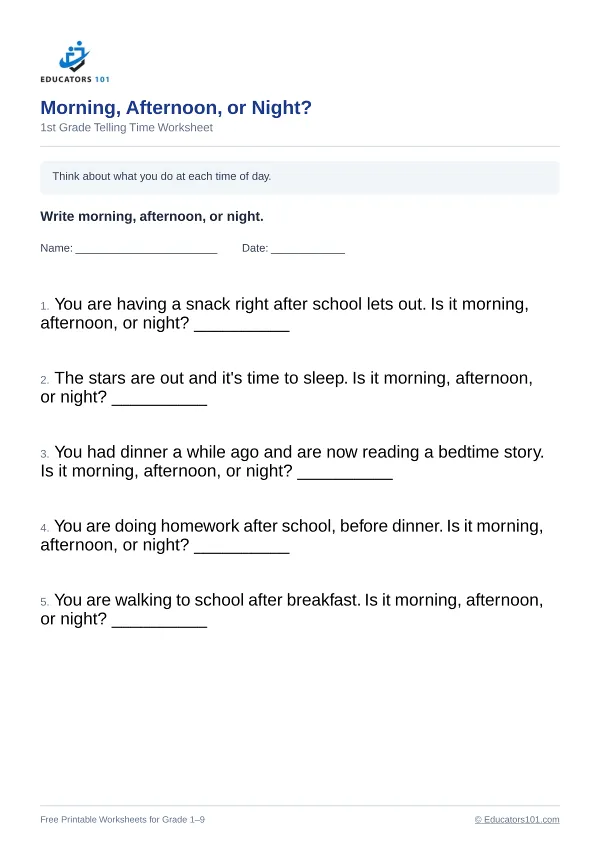 Morning, Afternoon, or Night? worksheet 12 — 1st Grade