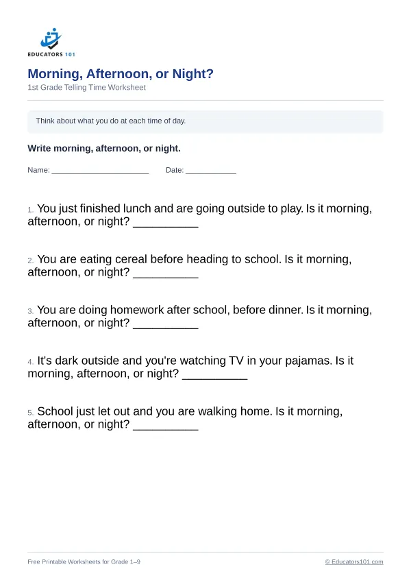 Morning, Afternoon, or Night? worksheet 13 — 1st Grade