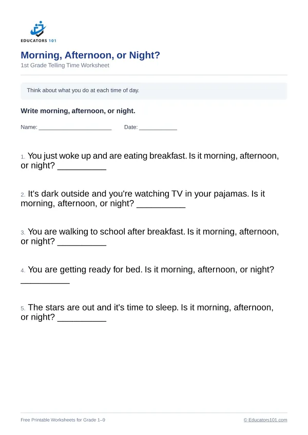 Morning, Afternoon, or Night? worksheet 14 — 1st Grade
