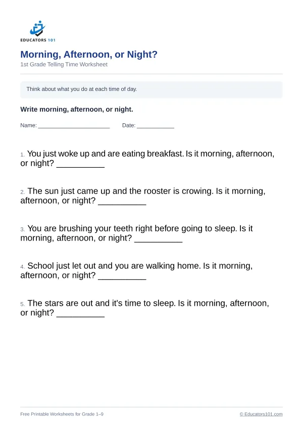 Morning, Afternoon, or Night? worksheet 15 — 1st Grade