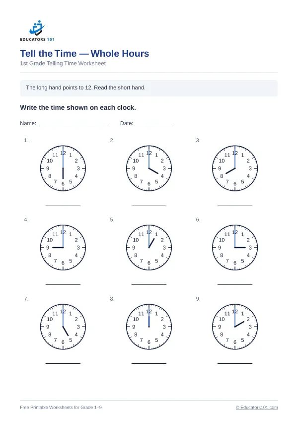 Tell the Time — Whole Hours worksheet 9 — 1st Grade