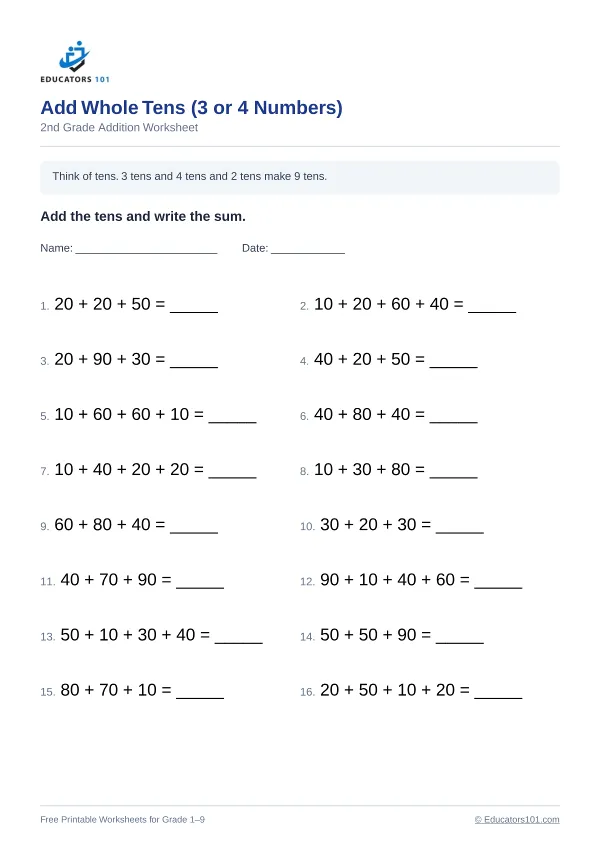 Add Whole Tens (3 or 4 Numbers) worksheet 9 — 2nd Grade