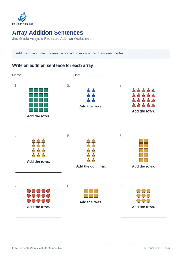 Array Addition Sentences worksheet 2 — 2nd Grade