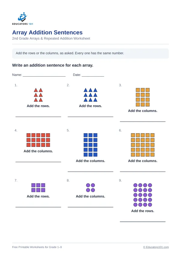 Array Addition Sentences worksheet 9 — 2nd Grade