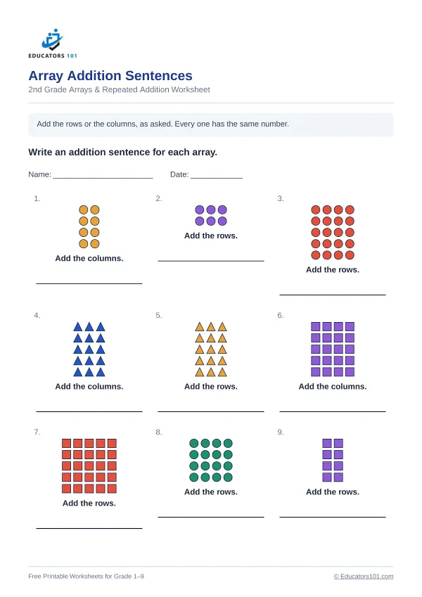 Array Addition Sentences worksheet 11 — 2nd Grade
