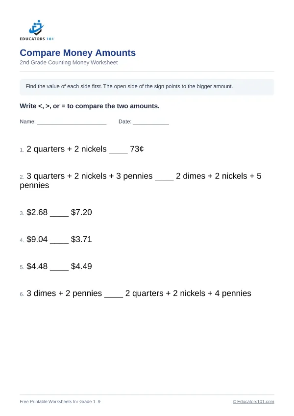 Compare Money Amounts worksheet 1 — 2nd Grade