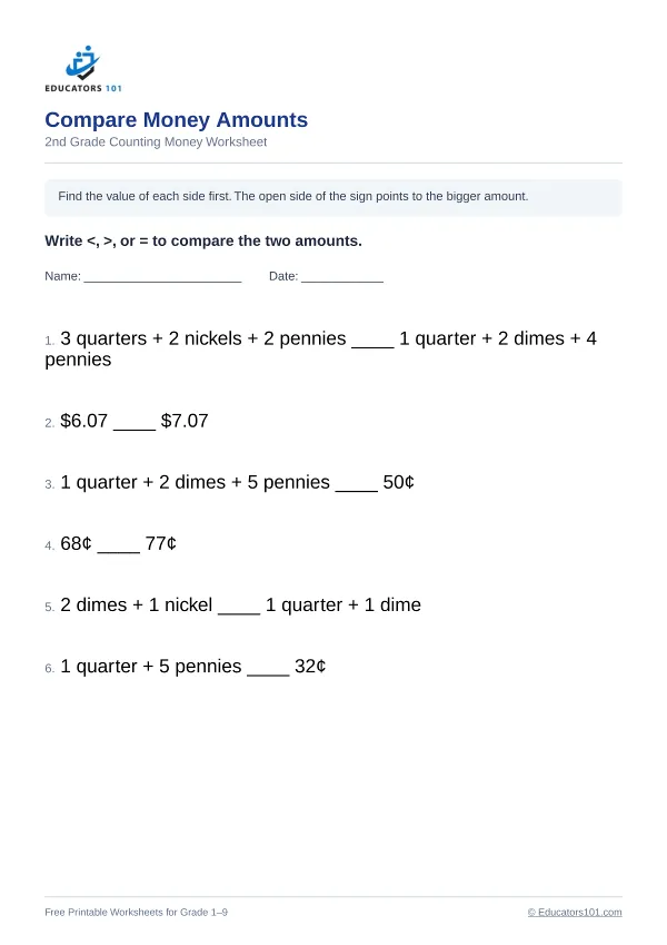 Compare Money Amounts worksheet 2 — 2nd Grade