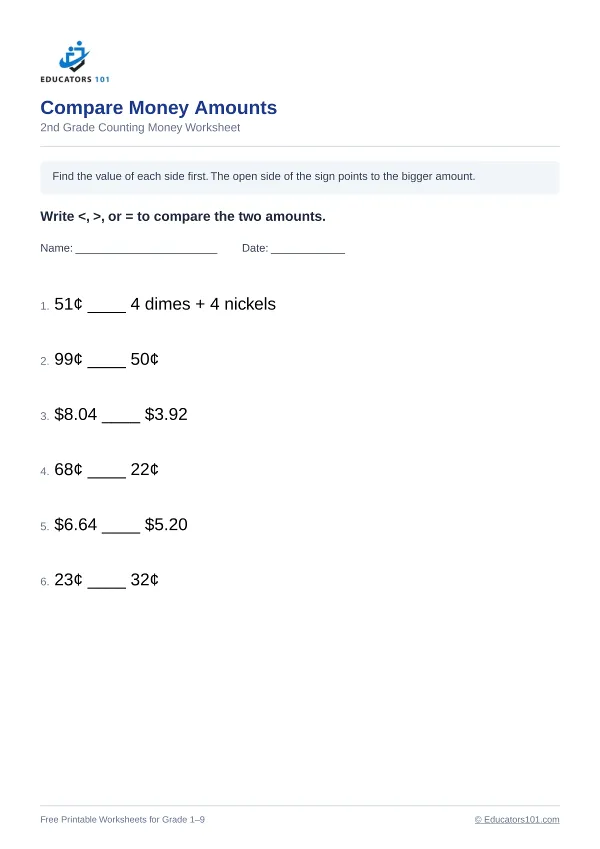 Compare Money Amounts worksheet 3 — 2nd Grade