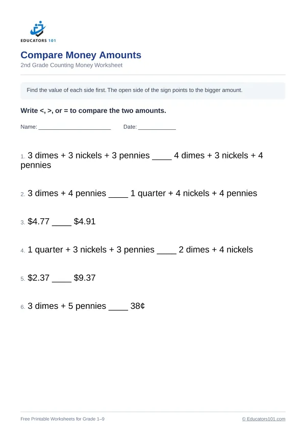 Compare Money Amounts worksheet 4 — 2nd Grade