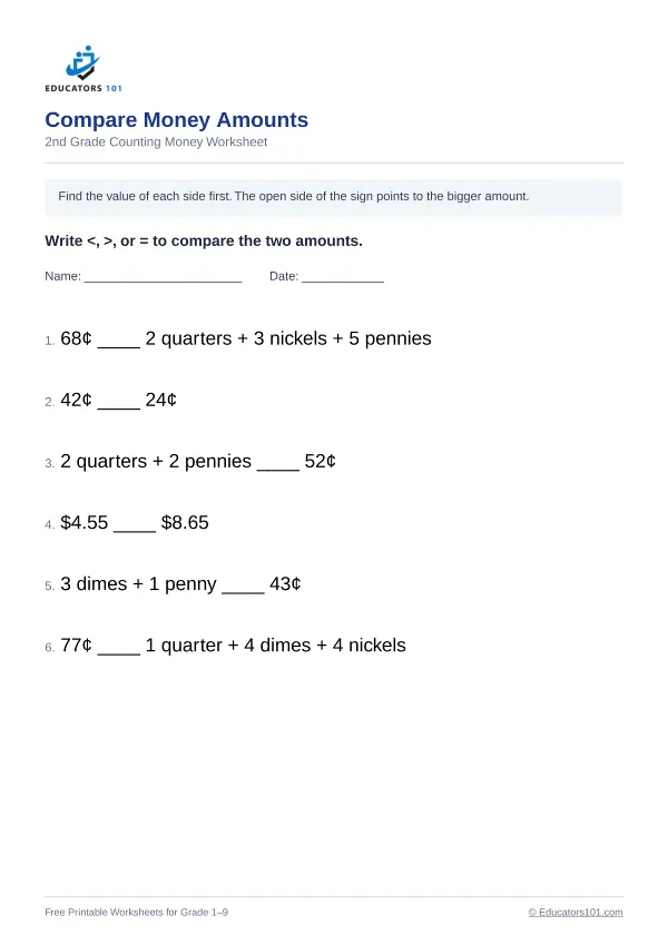 Compare Money Amounts worksheet 5 — 2nd Grade