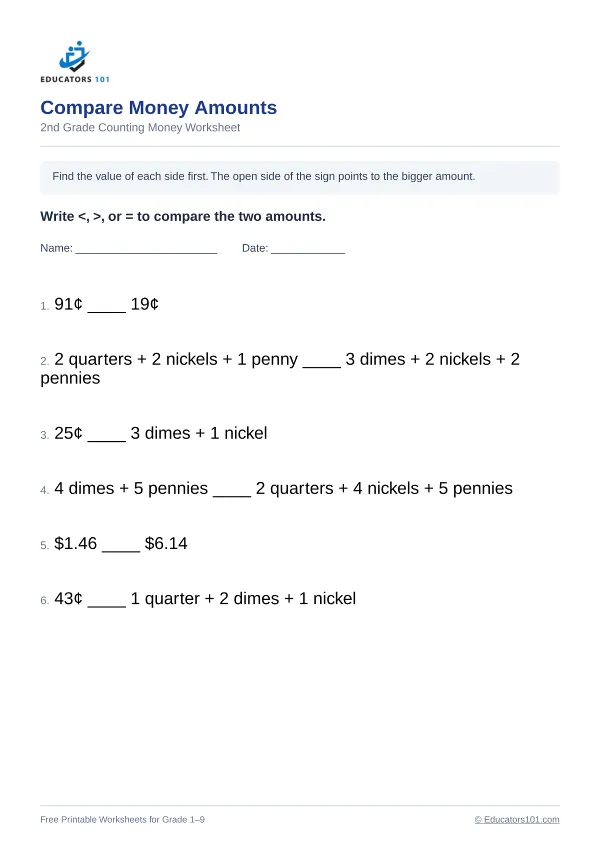 Compare Money Amounts worksheet 6 — 2nd Grade