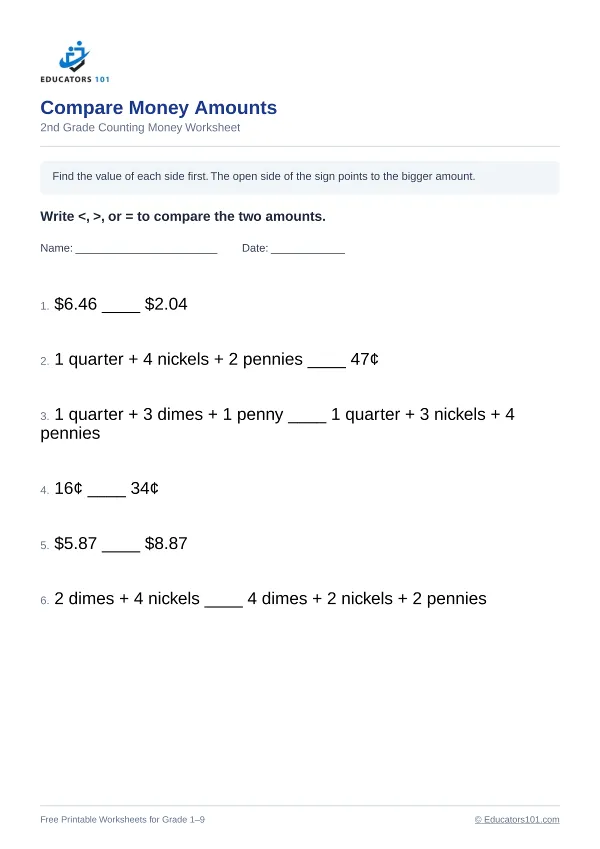 Compare Money Amounts worksheet 7 — 2nd Grade