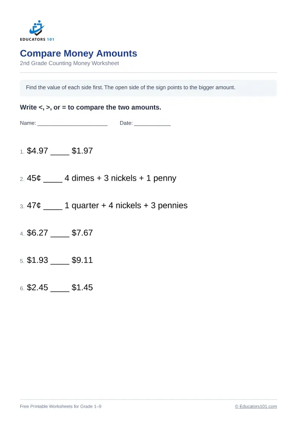 Compare Money Amounts worksheet 8 — 2nd Grade