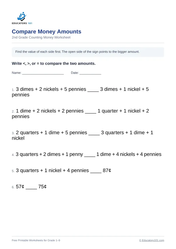 Compare Money Amounts worksheet 9 — 2nd Grade