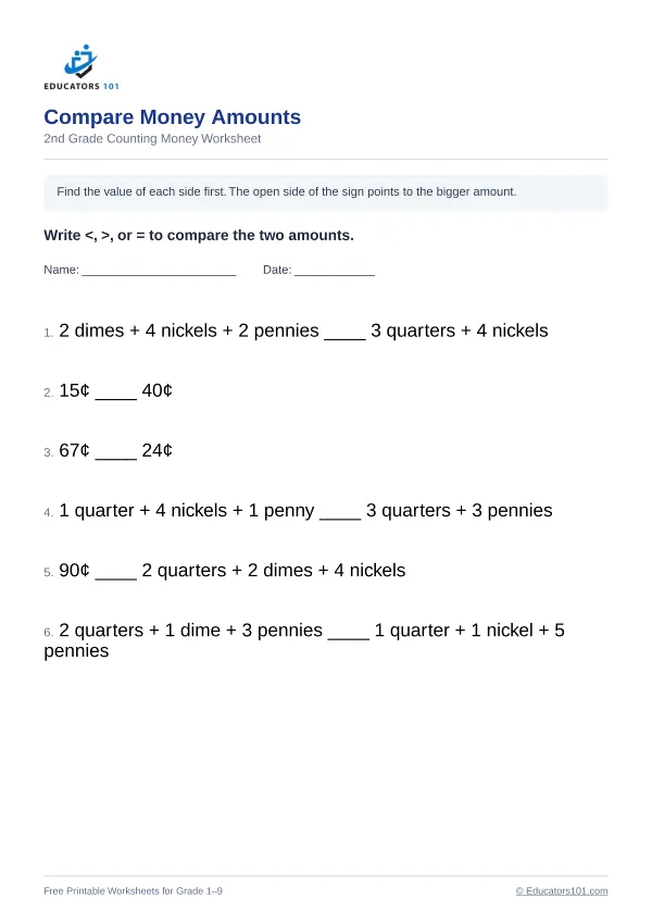 Compare Money Amounts worksheet 10 — 2nd Grade