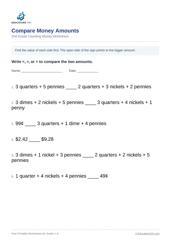 Compare Money Amounts worksheet 11 — 2nd Grade