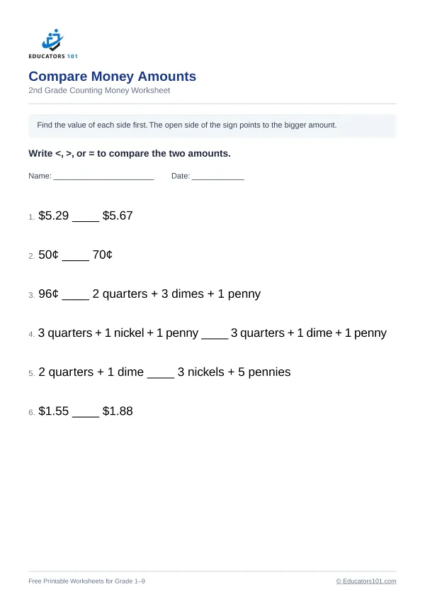 Compare Money Amounts worksheet 12 — 2nd Grade