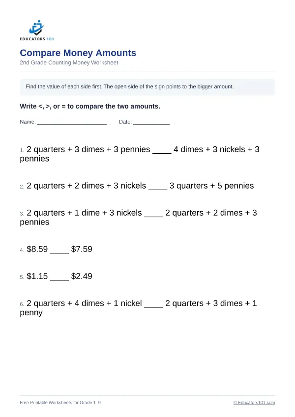 Compare Money Amounts worksheet 13 — 2nd Grade