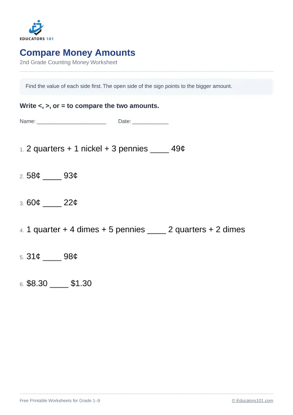 Compare Money Amounts worksheet 14 — 2nd Grade