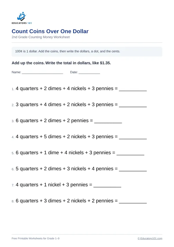 Count Coins Over One Dollar worksheet 1 — 2nd Grade