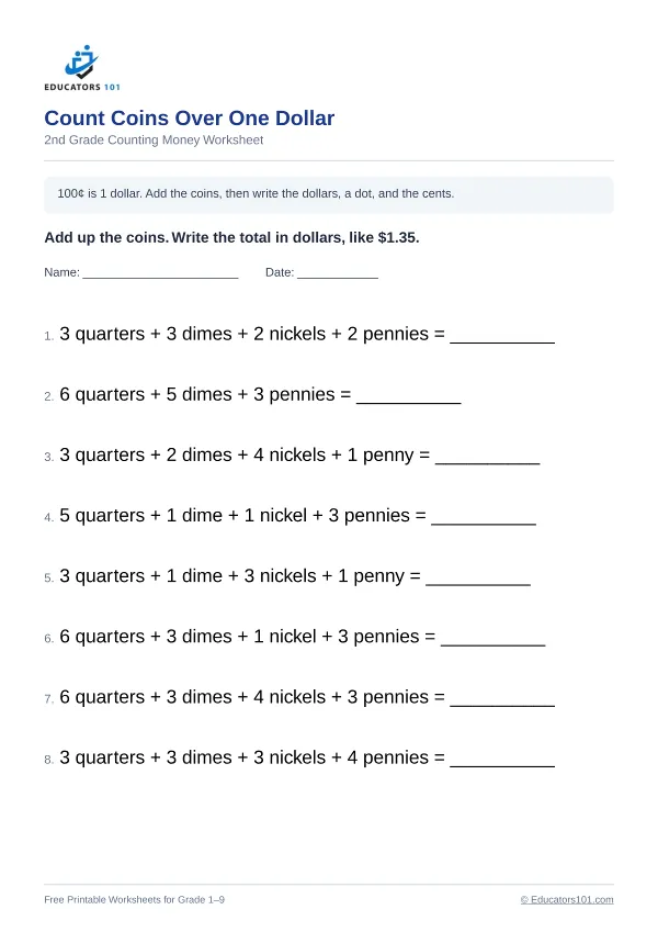 Count Coins Over One Dollar worksheet 2 — 2nd Grade