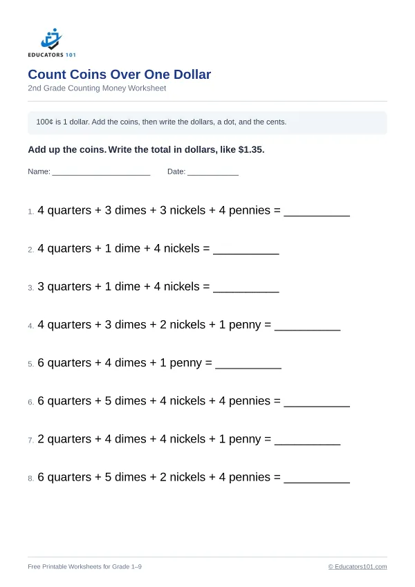 Count Coins Over One Dollar worksheet 3 — 2nd Grade