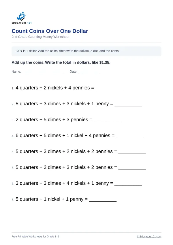 Count Coins Over One Dollar worksheet 4 — 2nd Grade