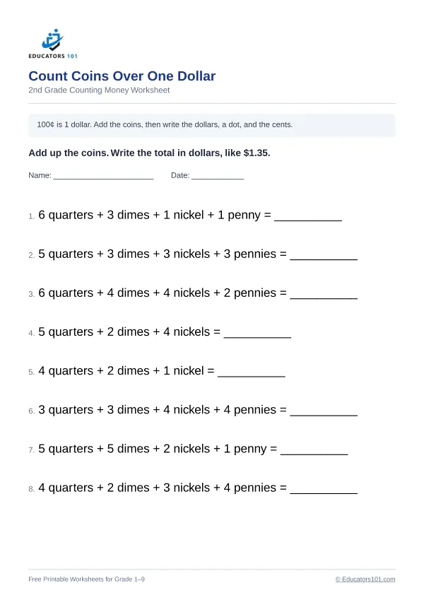 Count Coins Over One Dollar worksheet 5 — 2nd Grade
