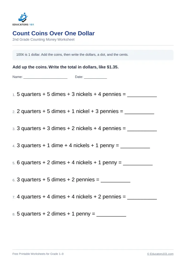 Count Coins Over One Dollar worksheet 6 — 2nd Grade