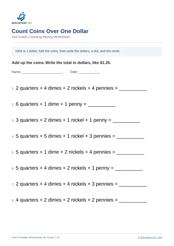 Count Coins Over One Dollar worksheet 7 — 2nd Grade