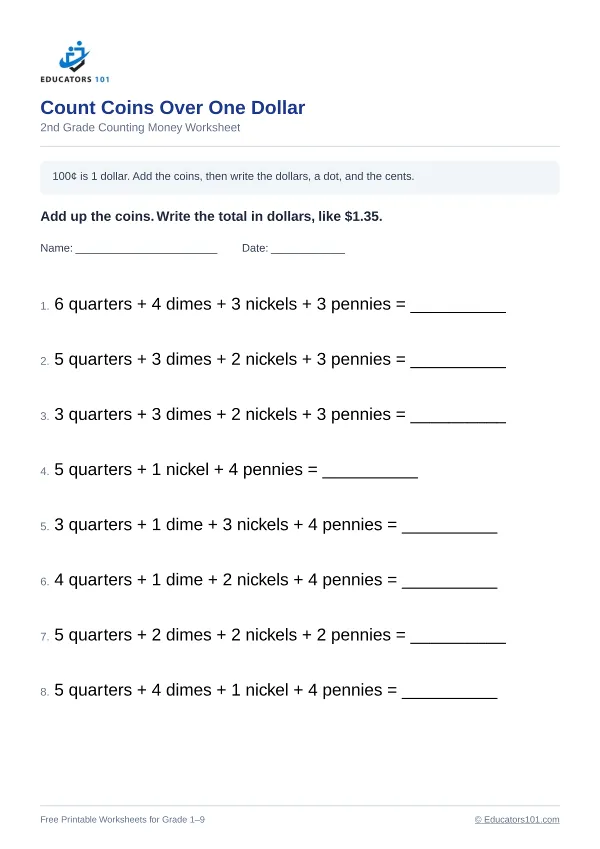 Count Coins Over One Dollar worksheet 8 — 2nd Grade