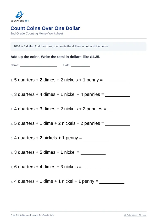 Count Coins Over One Dollar worksheet 9 — 2nd Grade