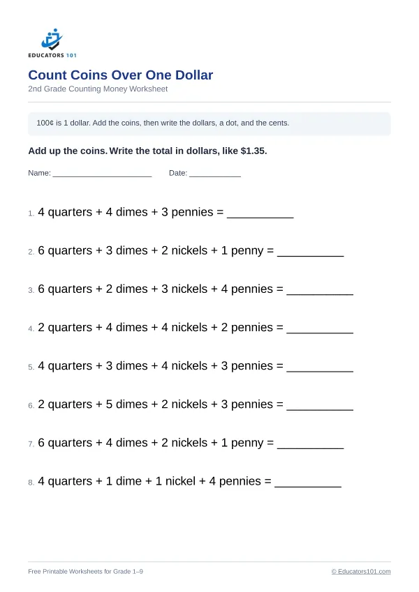 Count Coins Over One Dollar worksheet 10 — 2nd Grade