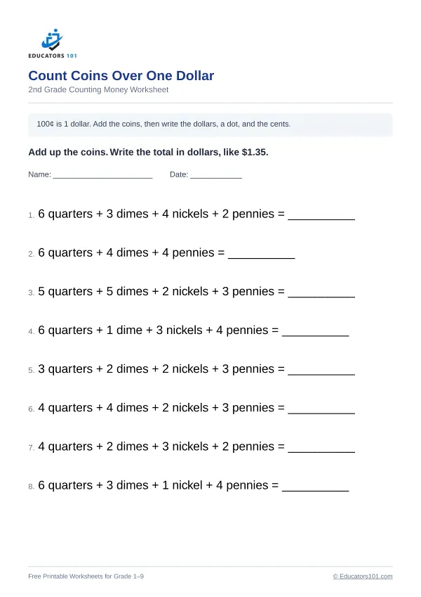 Count Coins Over One Dollar worksheet 11 — 2nd Grade