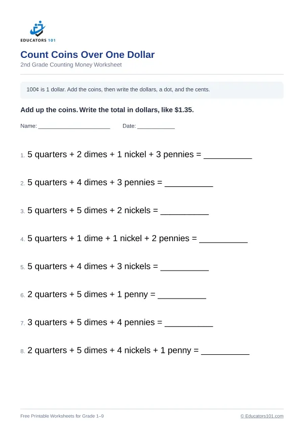 Count Coins Over One Dollar worksheet 12 — 2nd Grade