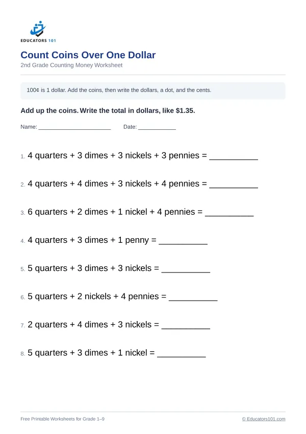 Count Coins Over One Dollar worksheet 13 — 2nd Grade