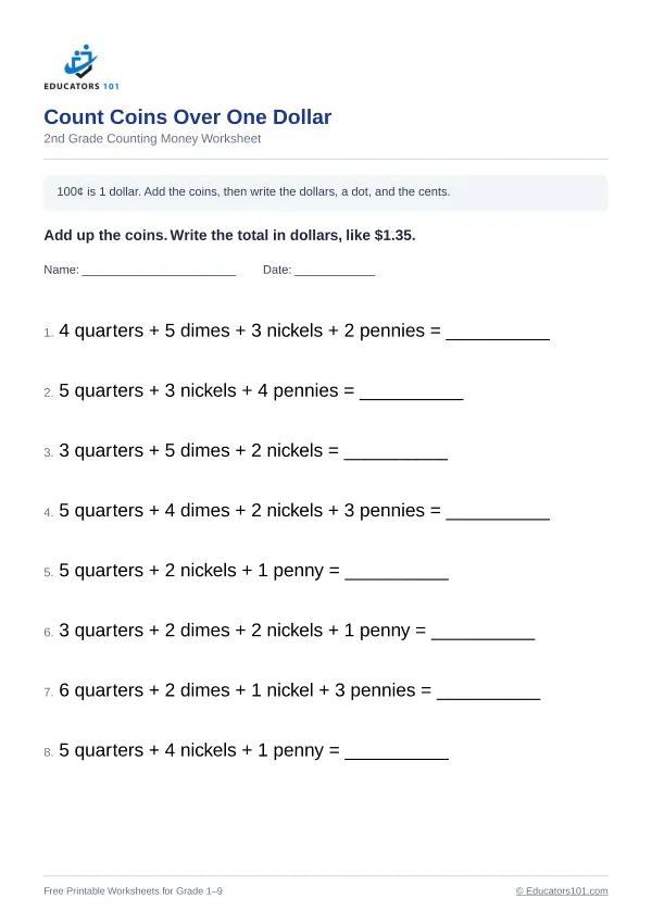 Count Coins Over One Dollar worksheet 14 — 2nd Grade