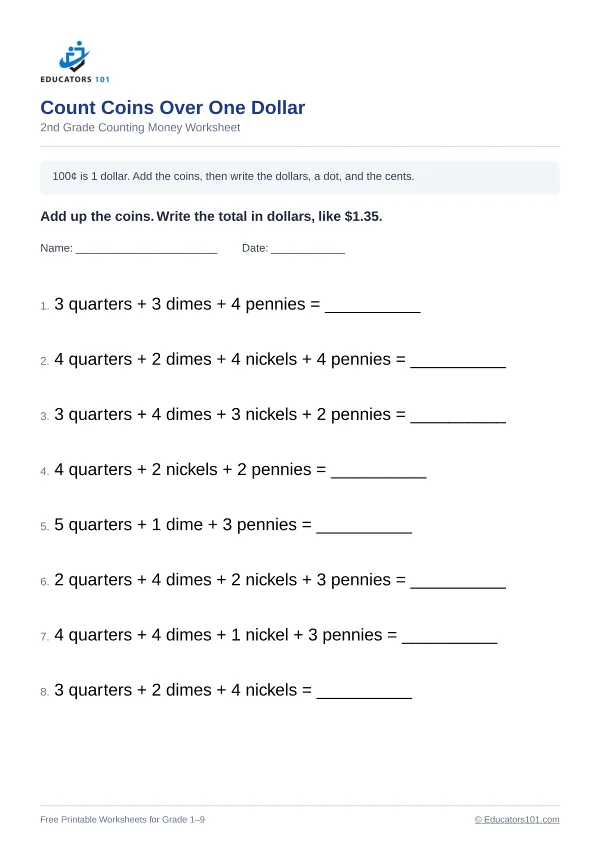 Count Coins Over One Dollar worksheet 15 — 2nd Grade
