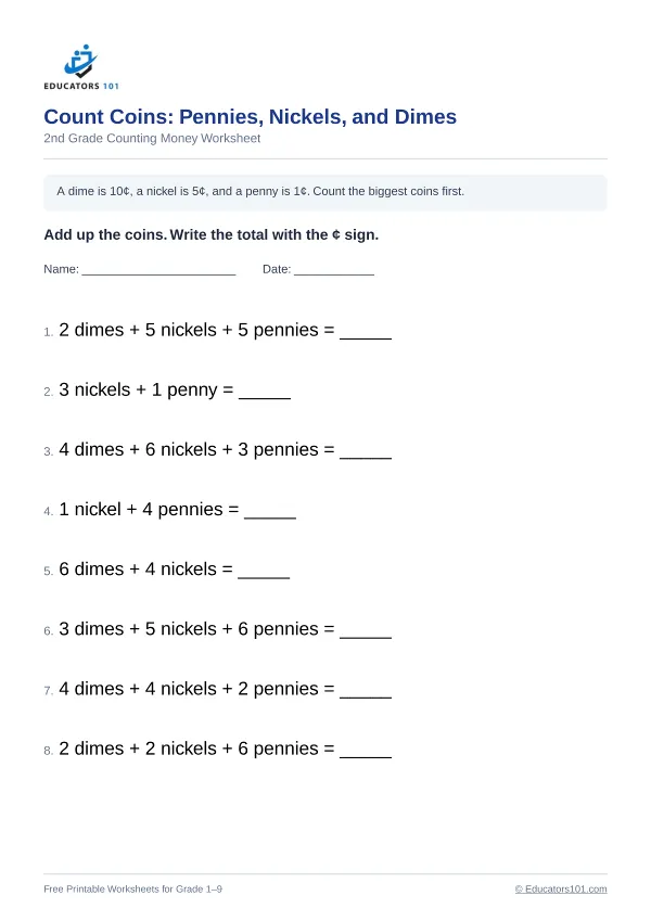Count Coins: Pennies, Nickels, and Dimes worksheet 1 — 2nd Grade