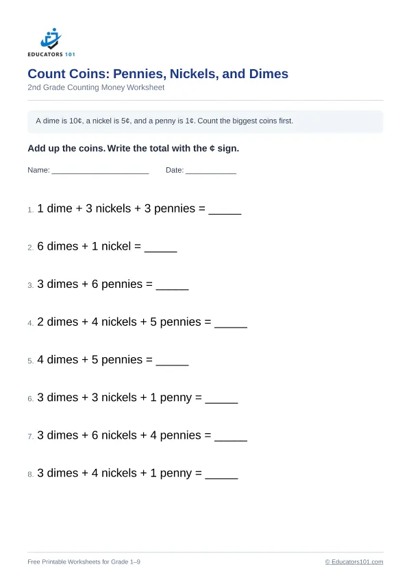 Count Coins: Pennies, Nickels, and Dimes worksheet 2 — 2nd Grade