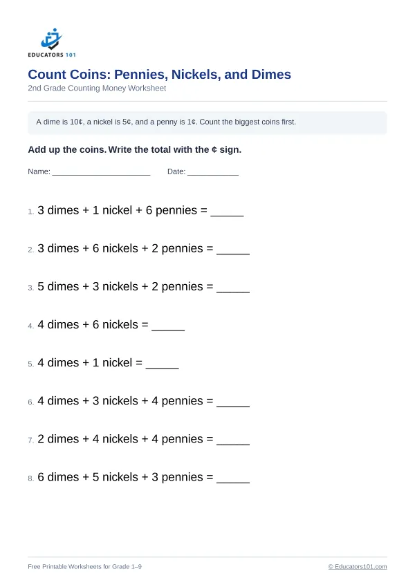 Count Coins: Pennies, Nickels, and Dimes worksheet 3 — 2nd Grade