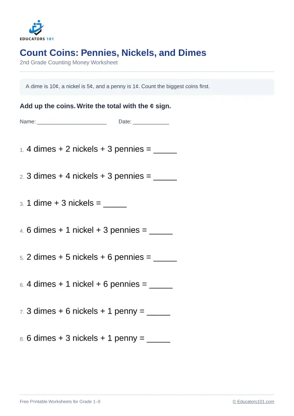 Count Coins: Pennies, Nickels, and Dimes worksheet 4 — 2nd Grade