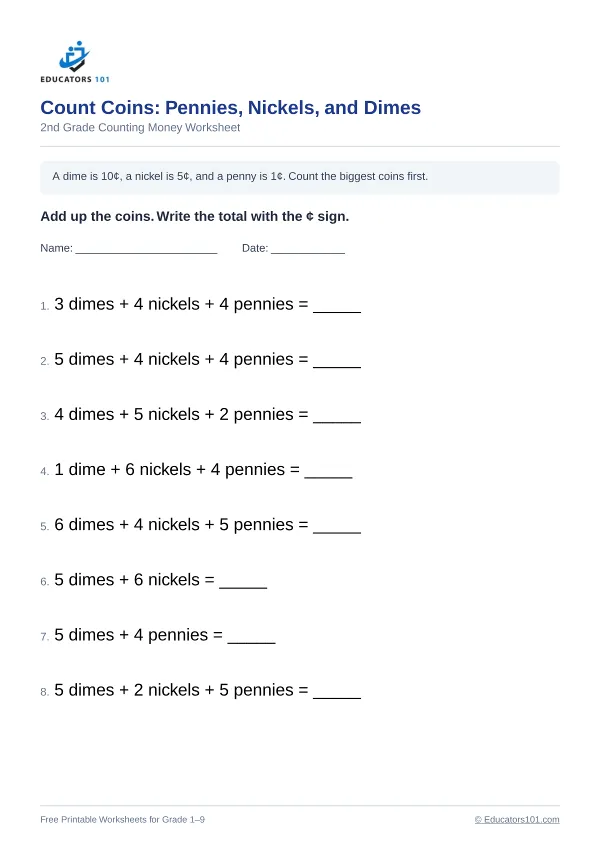 Count Coins: Pennies, Nickels, and Dimes worksheet 6 — 2nd Grade