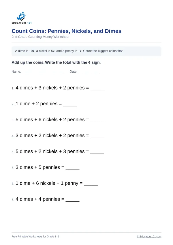 Count Coins: Pennies, Nickels, and Dimes worksheet 7 — 2nd Grade