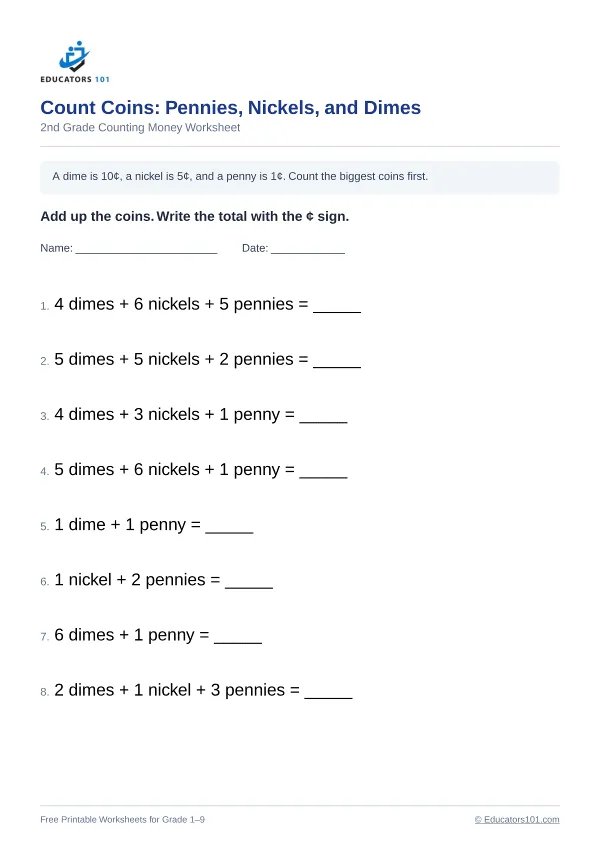 Count Coins: Pennies, Nickels, and Dimes worksheet 8 — 2nd Grade
