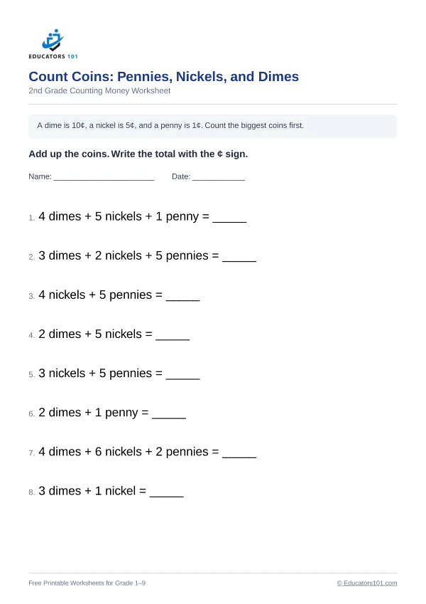 Count Coins: Pennies, Nickels, and Dimes worksheet 10 — 2nd Grade