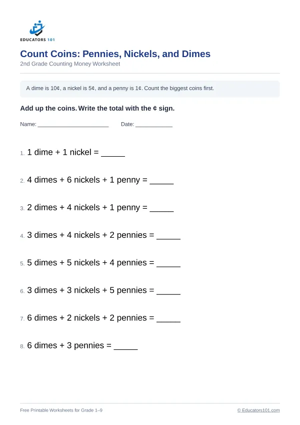 Count Coins: Pennies, Nickels, and Dimes worksheet 11 — 2nd Grade