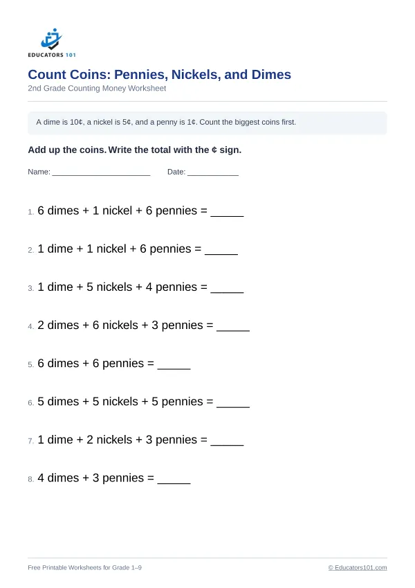 Count Coins: Pennies, Nickels, and Dimes worksheet 12 — 2nd Grade